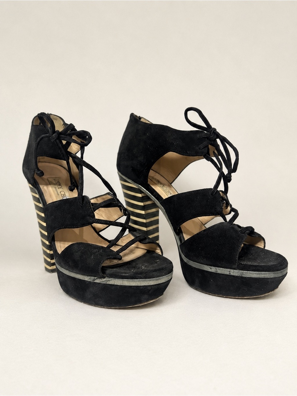 Jimmy Choo Black Suede Platform Heels • Lace-Up Sandals Size 41